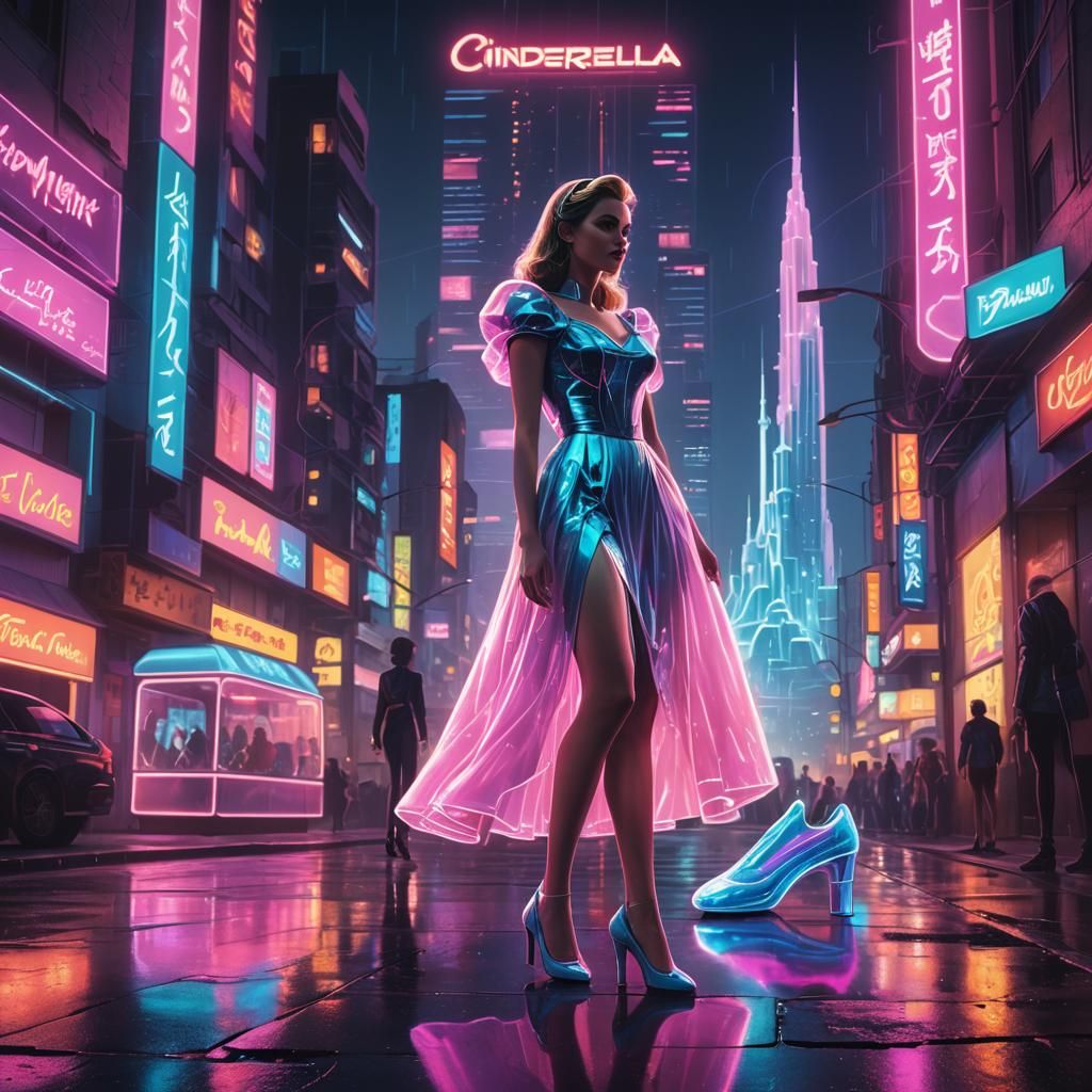Cinderella in Neon Cityscape: Synthwave Retro Futurism
