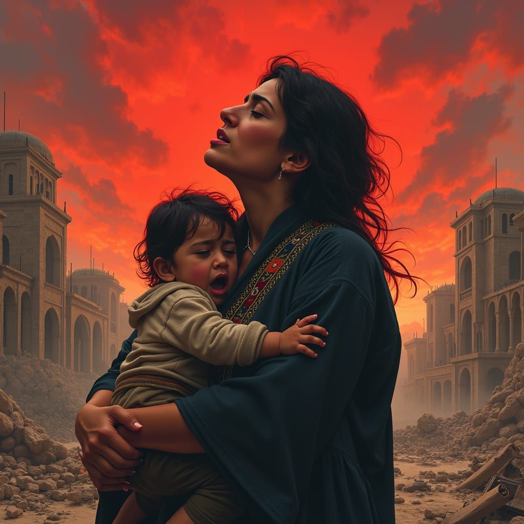 Palestinian Mother and Child in War-Torn Cityscape