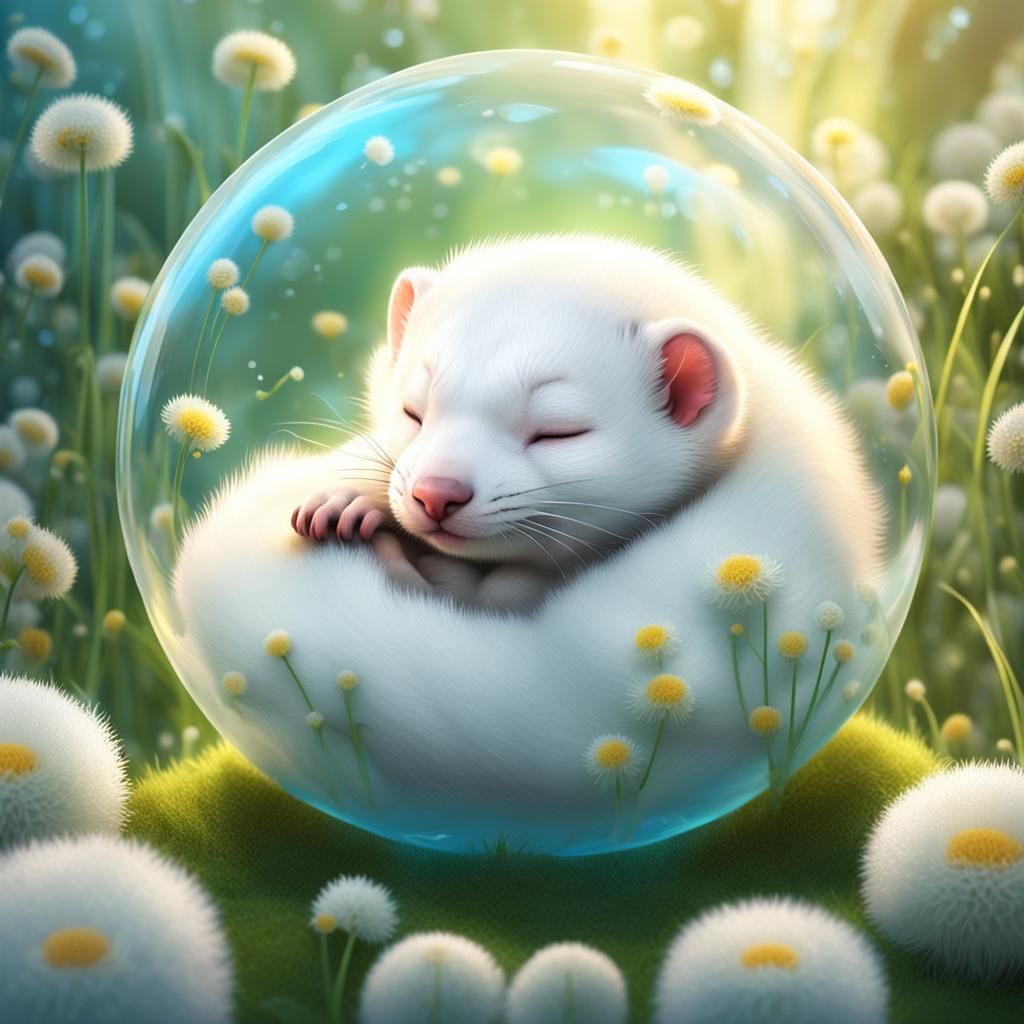 Cute Ferret Baby Sleeping in Bubble, 3D Render