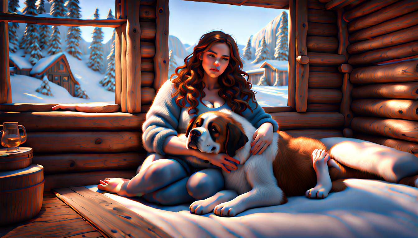 Woman Cuddling Saint Bernard in Cozy Winter Cabin