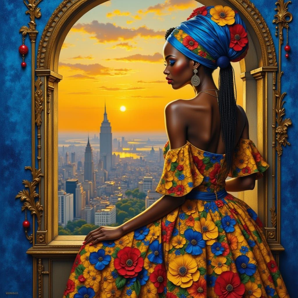 Elegant Woman Overlooking Vibrant Cityscape in Hyperrealism