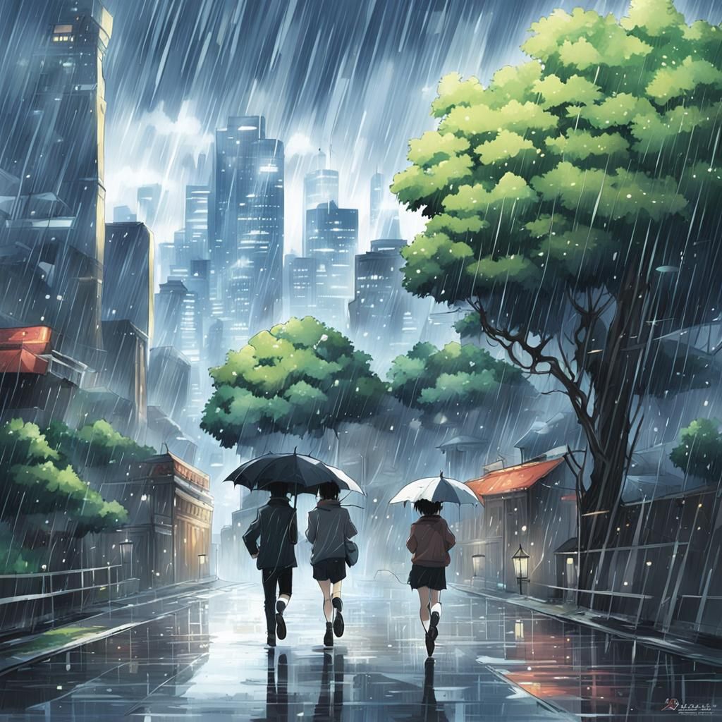 People Running in Rainy City: Anime Style