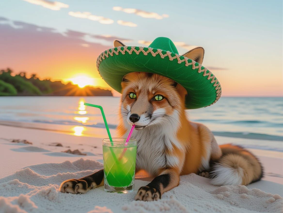 Fox in Sombrero Enjoys Cocktail at Sunset