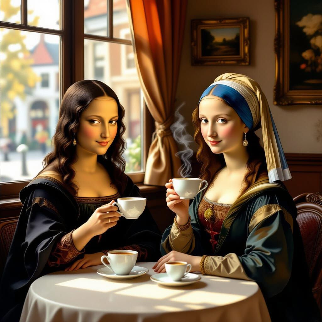 Iconic Portraits Share Coffee in Golden Age Style