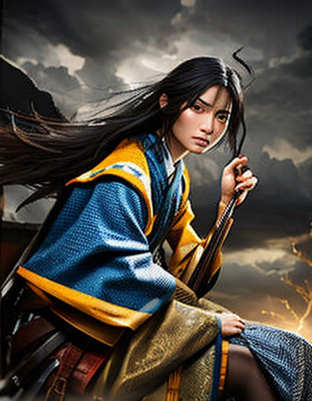 Dark Fantasy Heroine in Traditional Kimono, Smoking Pipe