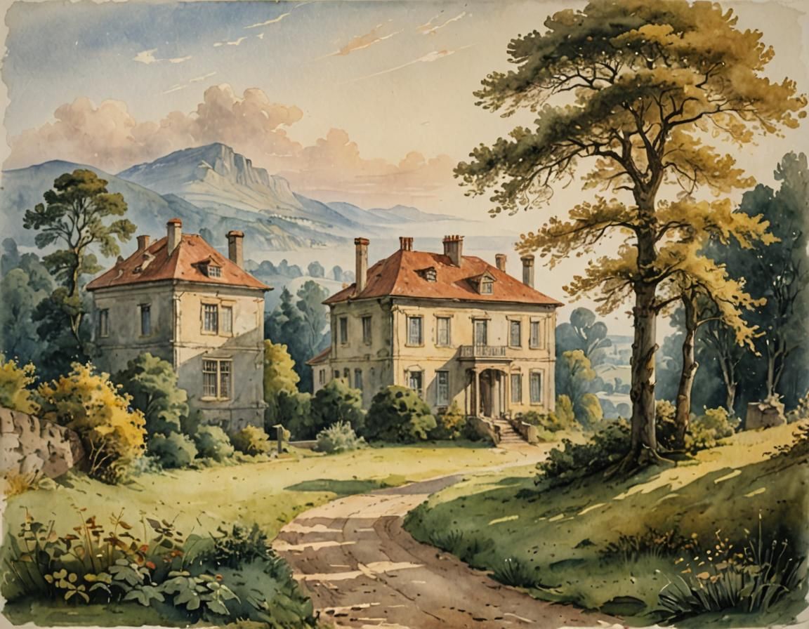 Watercolor Villa Landscape in Romantic Style