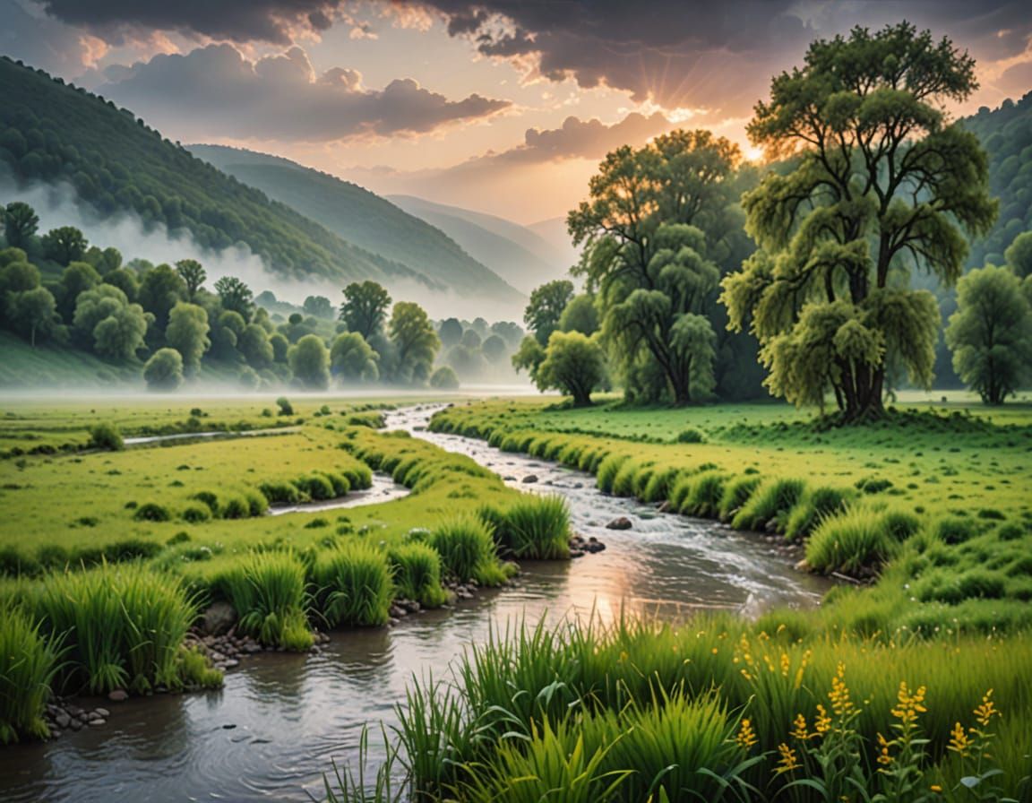 Serene Meadow River Landscape in Vibrant Oil Painting Style