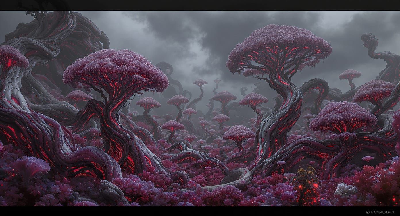 A surreal, biomechanical garden inspired by H.R. Giger, where twisted, metallic flora pulse with an eerie, organic rhyth...