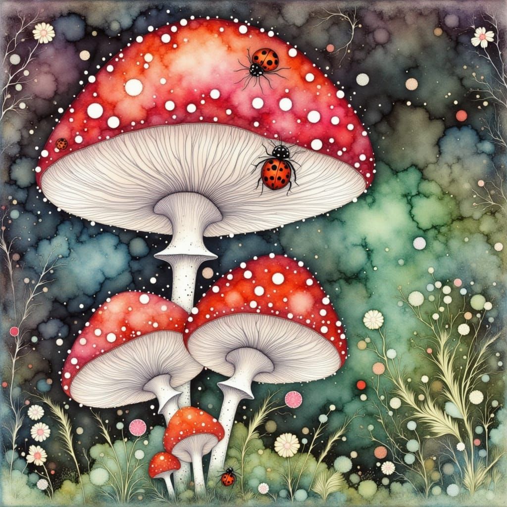 Whimsical Mushroom Scene with Ladybugs in Floral Dresses