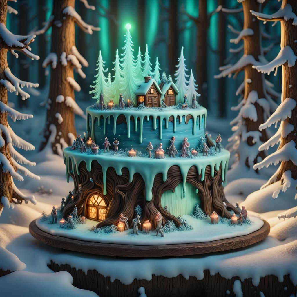 Bioluminescent Christmas Cake Sculpture in Nordic Forest