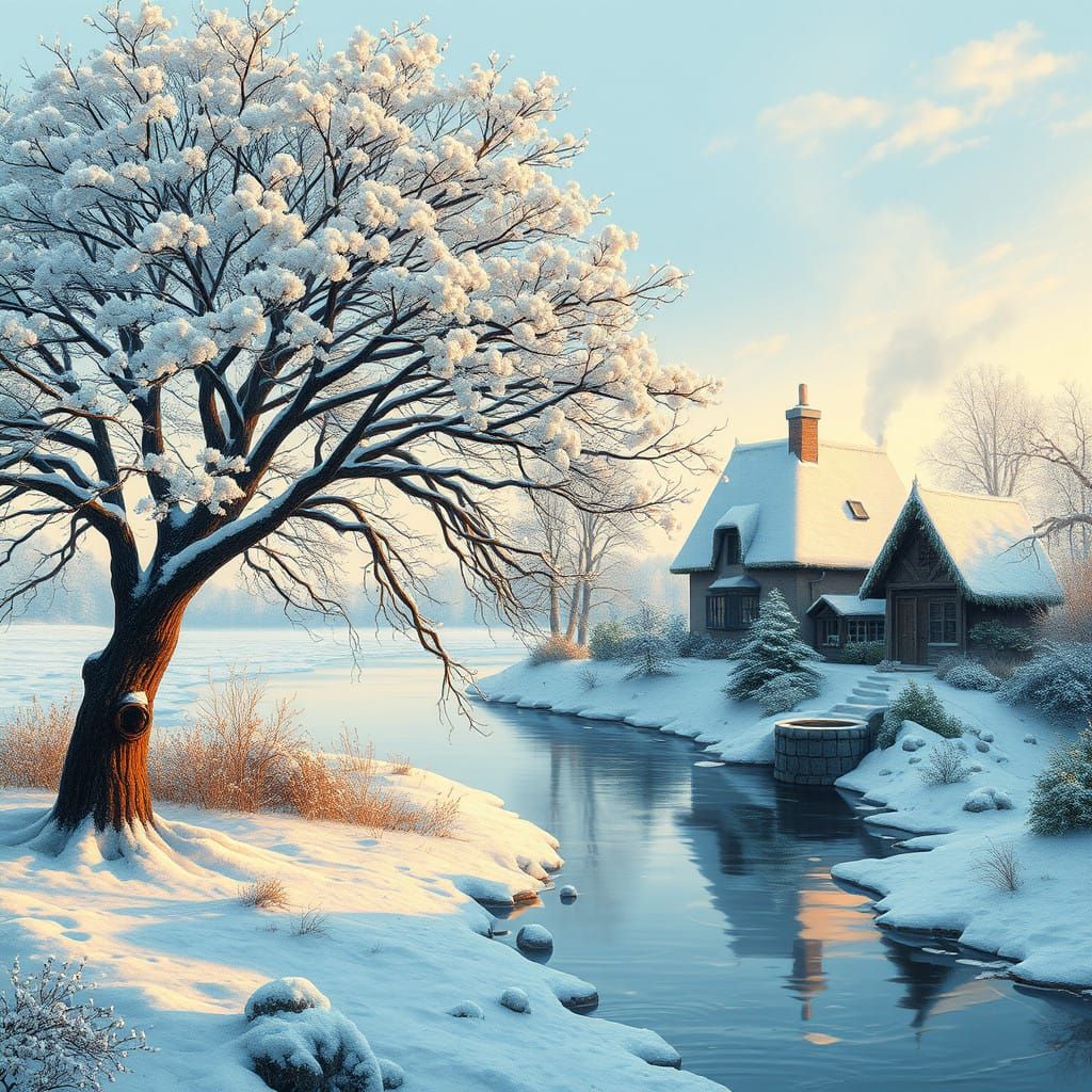Serene Winter Wonderland with Majestic Flower Tree