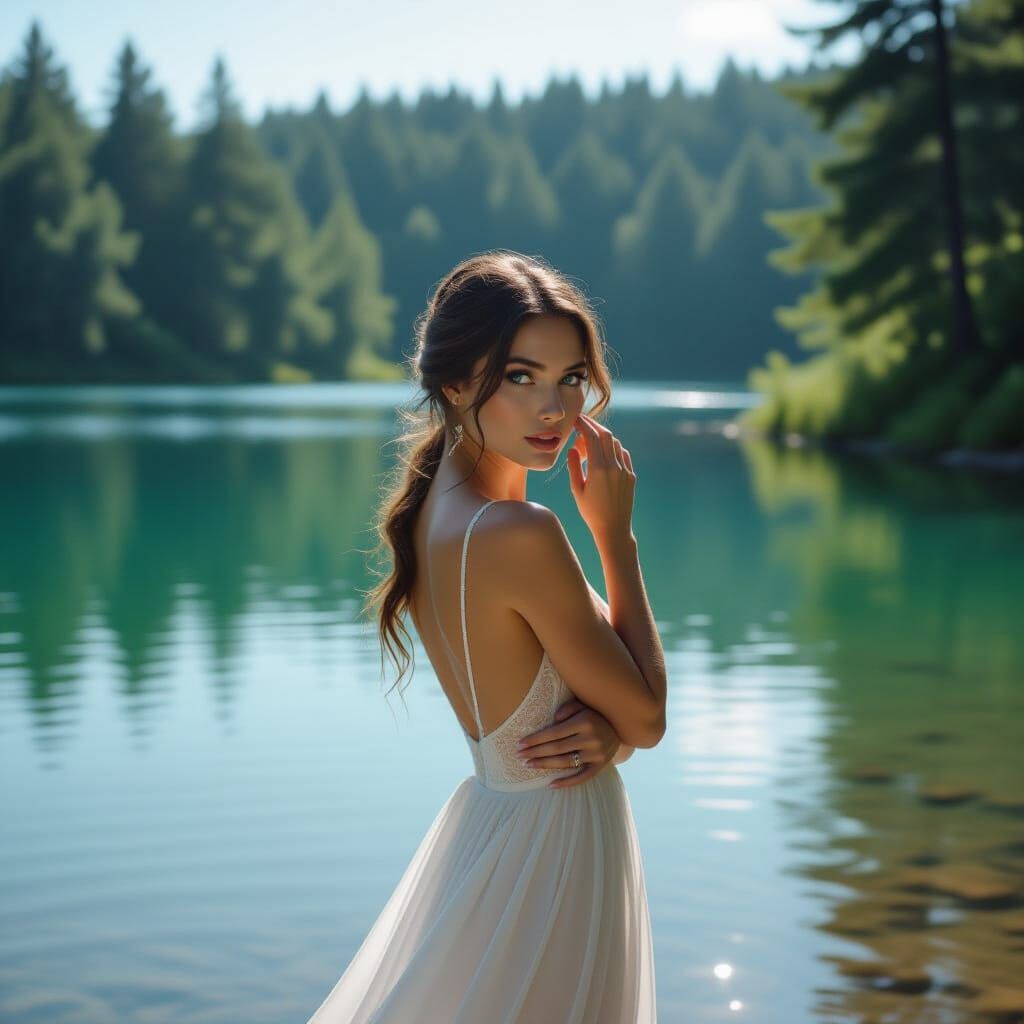 Woman in White Dress by Serene Lake