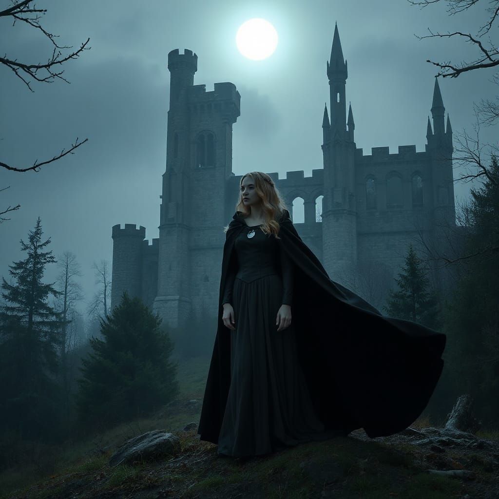 Gothic Princess at Castle Ruins in Moonlight