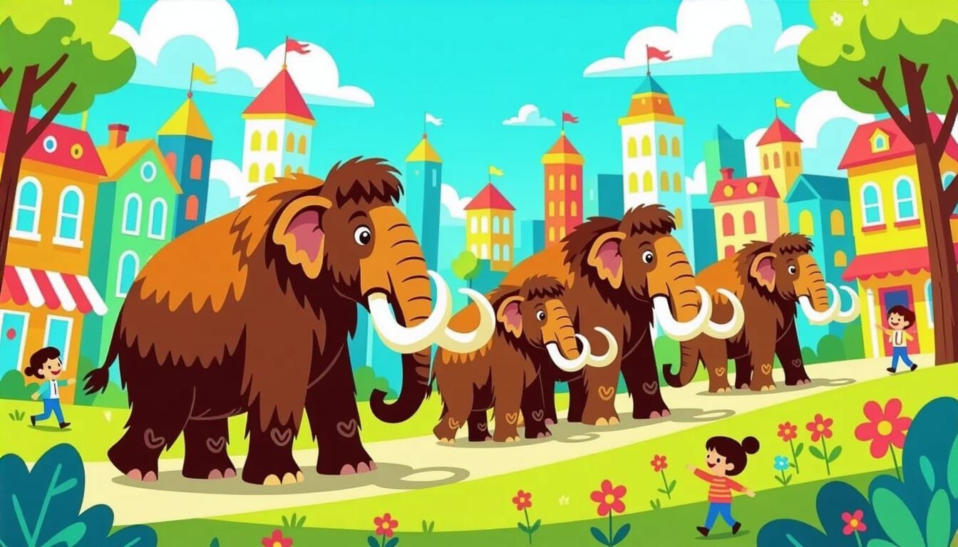 Mammoths in a Cartoon Cityscape: 2D Animated Style