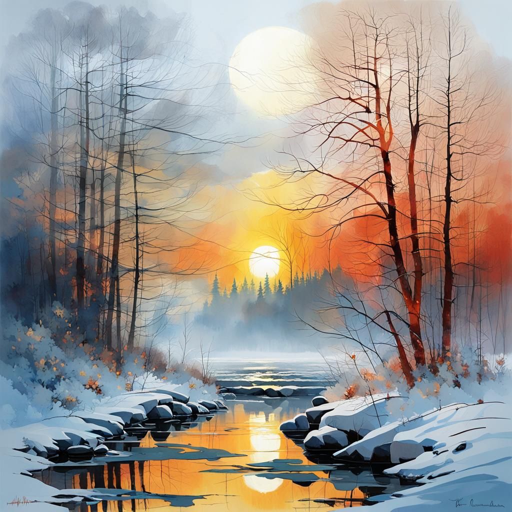 copper red sun on winter