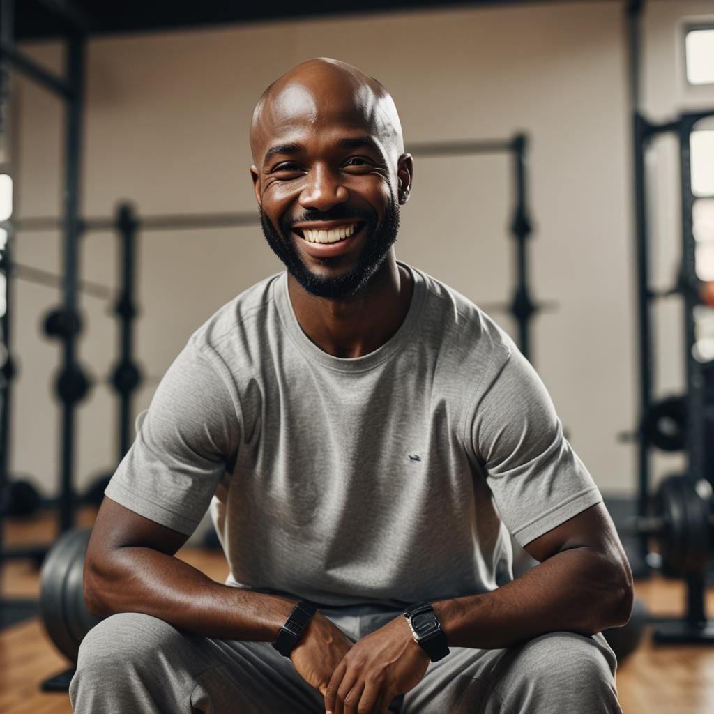 Bald Man Squatting in Gym: Cinematic Portrait