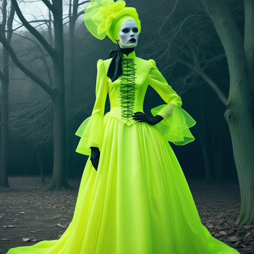 Neon Yellow Victorian Mourning Gown: AI Generated Image