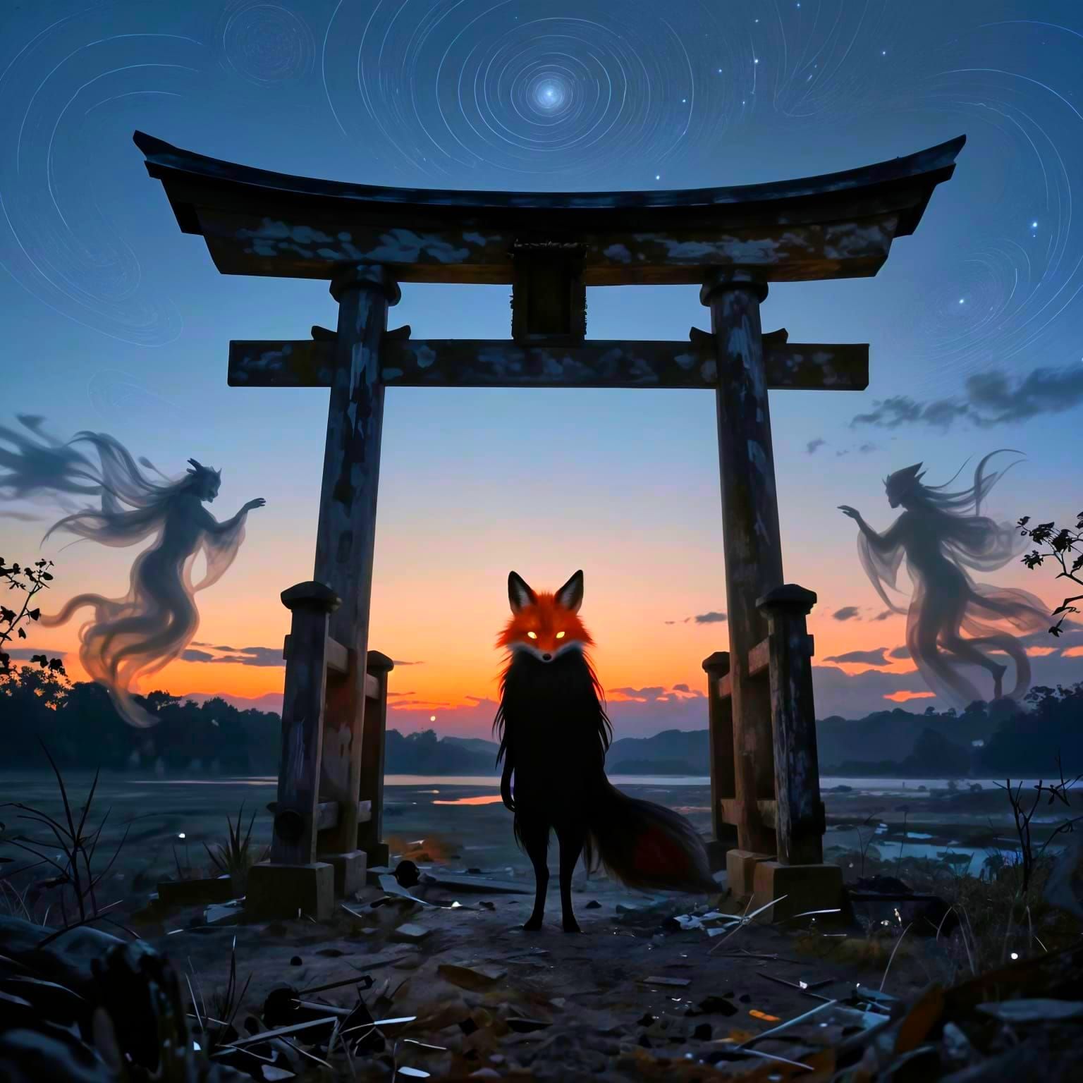 Mischievous Kitsune Spirit Creates Illusions at Torii Gate