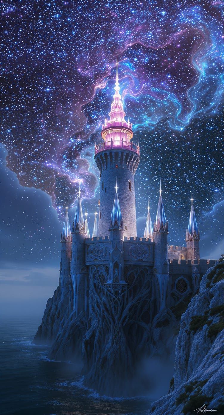 Majestic Castle Lighthouse in Cosmic Surrealism Style