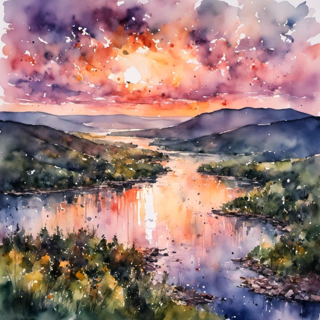 Watercolor Sunset Over the Hudson River, Aerial View