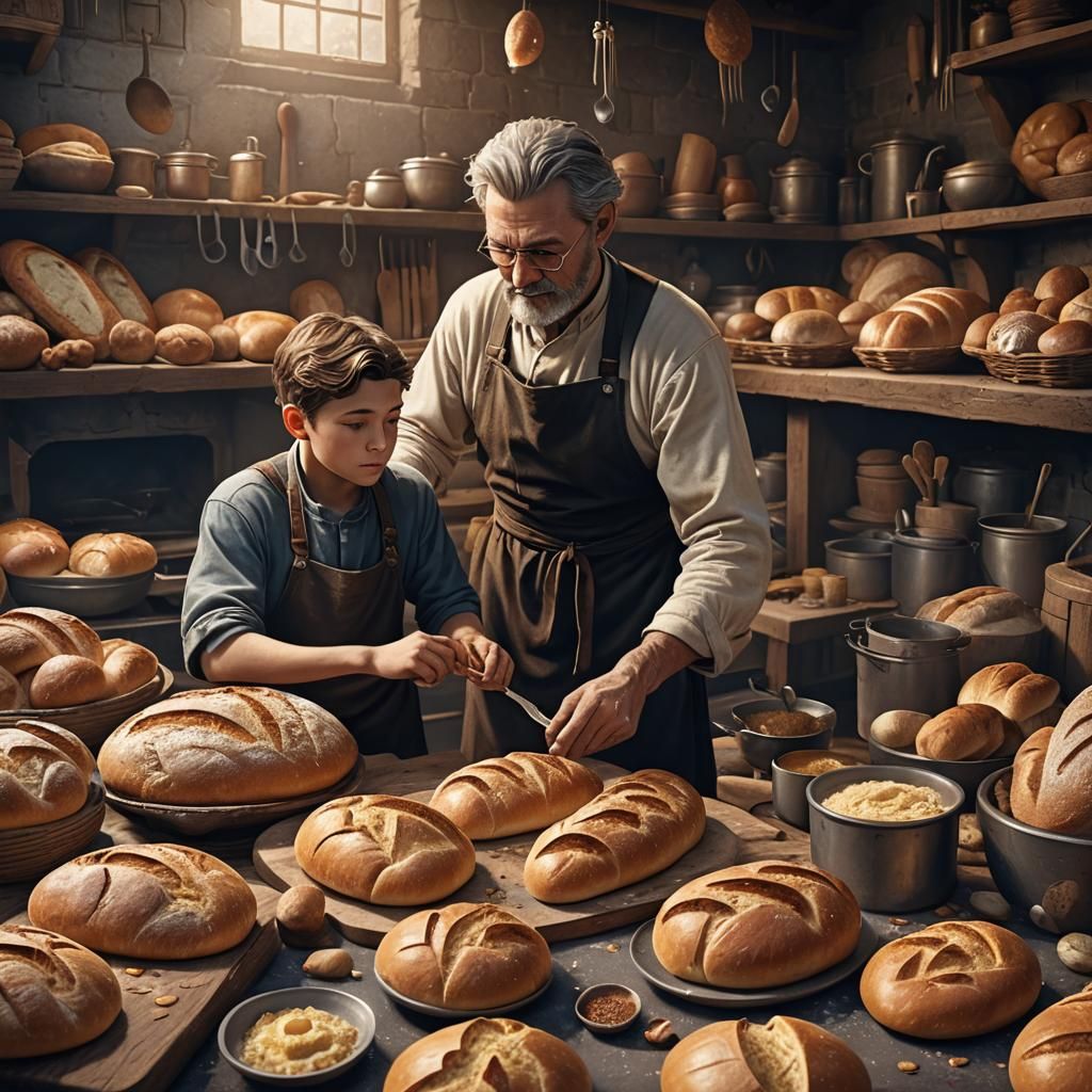 Father and Son Baking Bread: Detailed Matte Painting