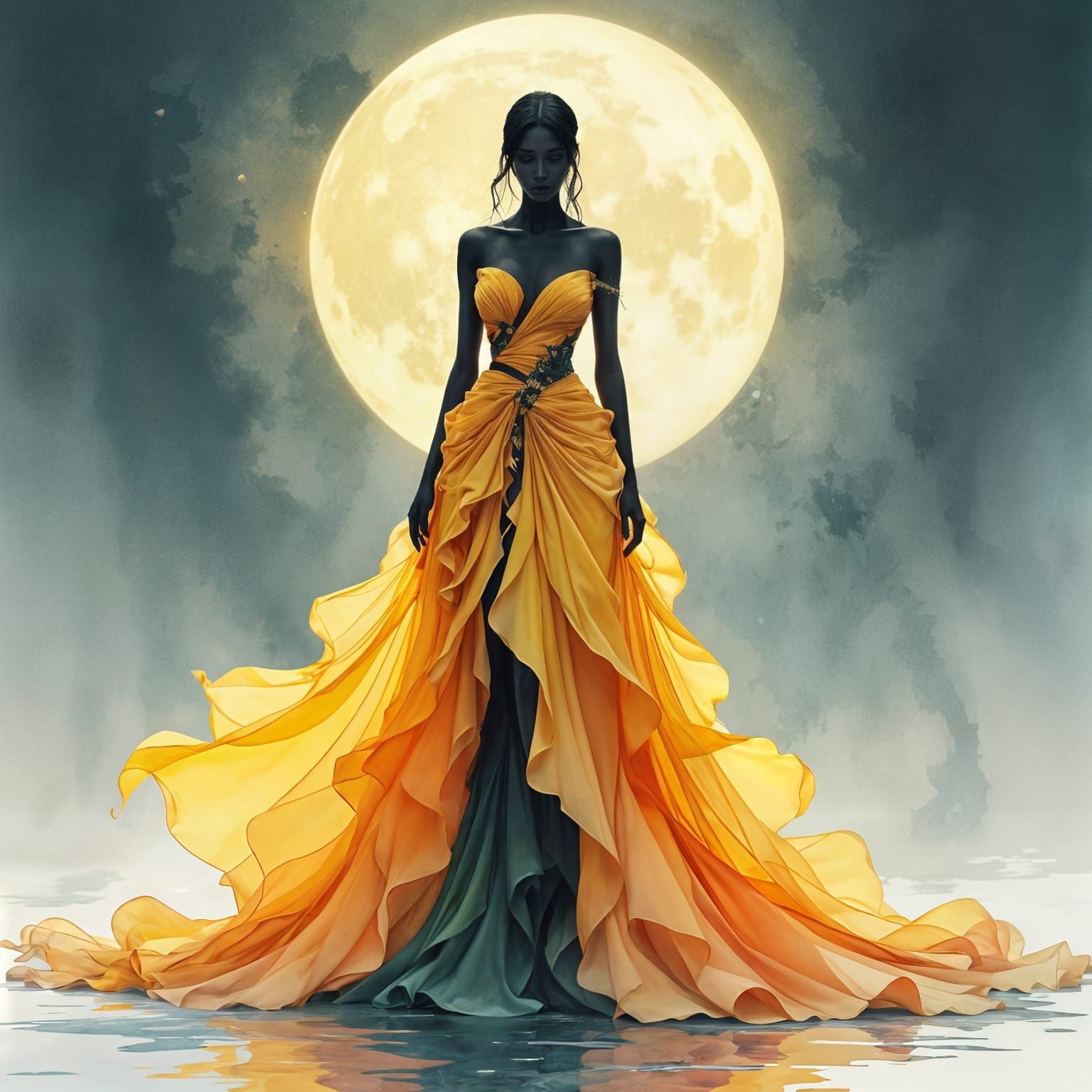 Voluminous Watercolor Floral Gown Under Moonlit Skies