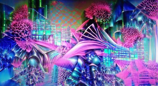 Science fantasy Mescaline Vaporwave cyberpunk neon plasma fractal chromatic magic music machine