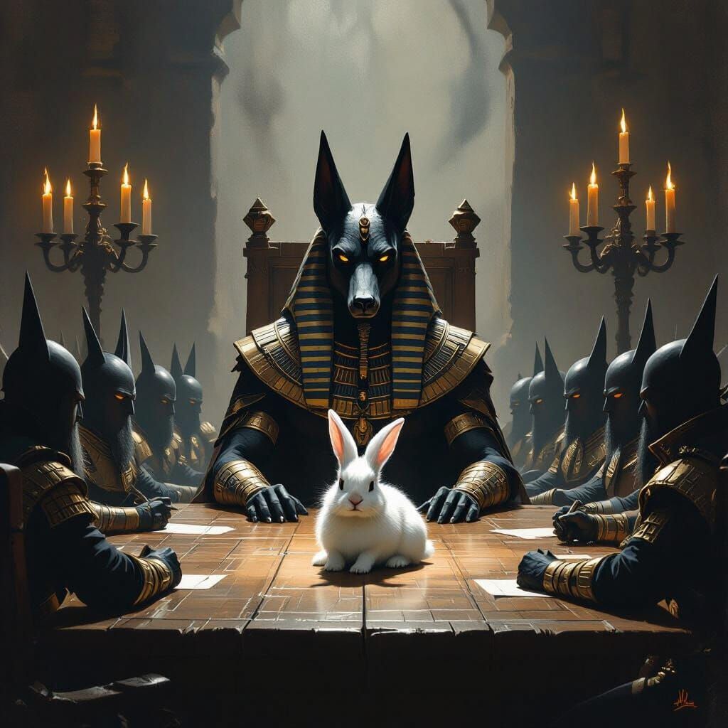 Anubis Presides Over Generals with Rabbit on Table in Dark F...