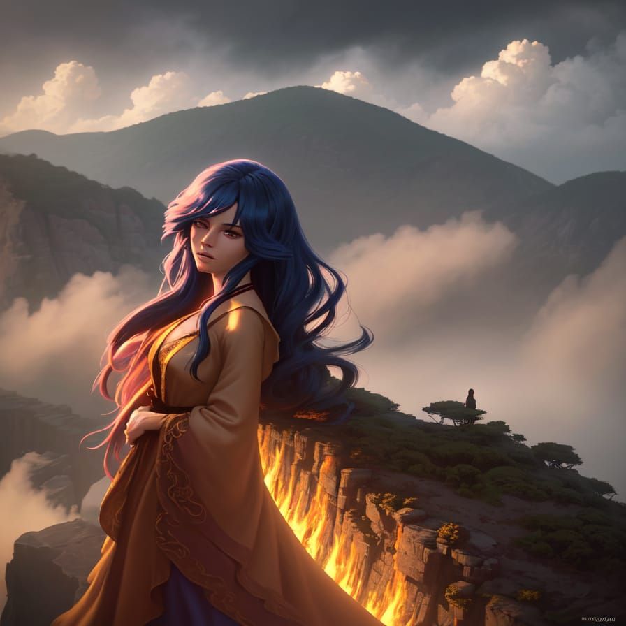 Anime Cliffside Vista with Flowing Hair