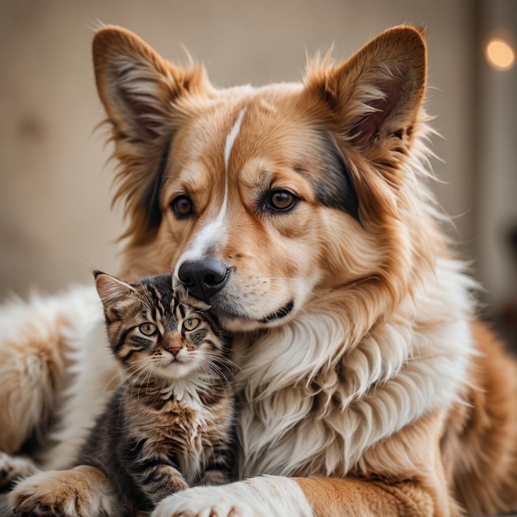 Heartwarming Dog and Cat Embrace