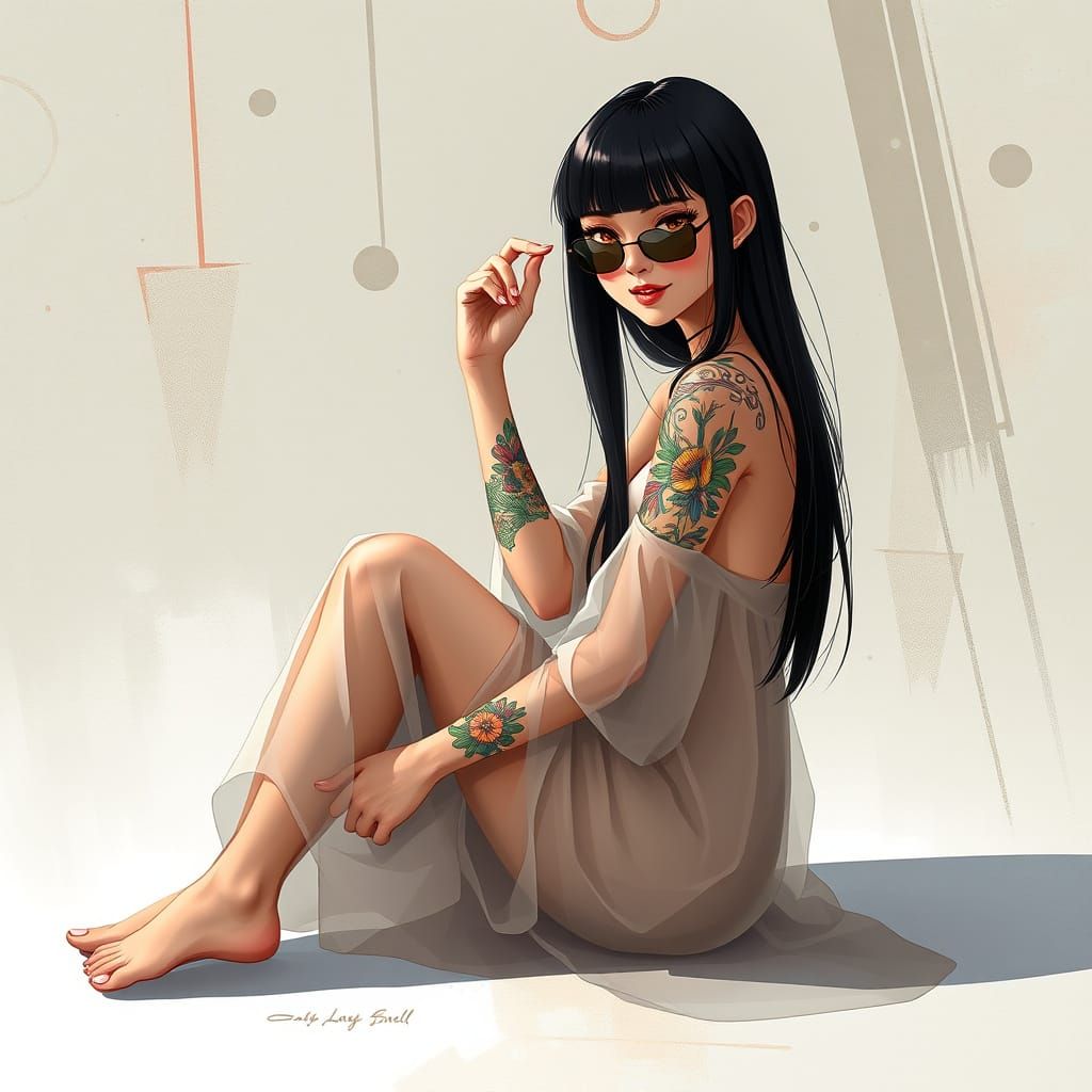 Elegant Young Woman in Vibrant Tattoos and Geometric Texture...