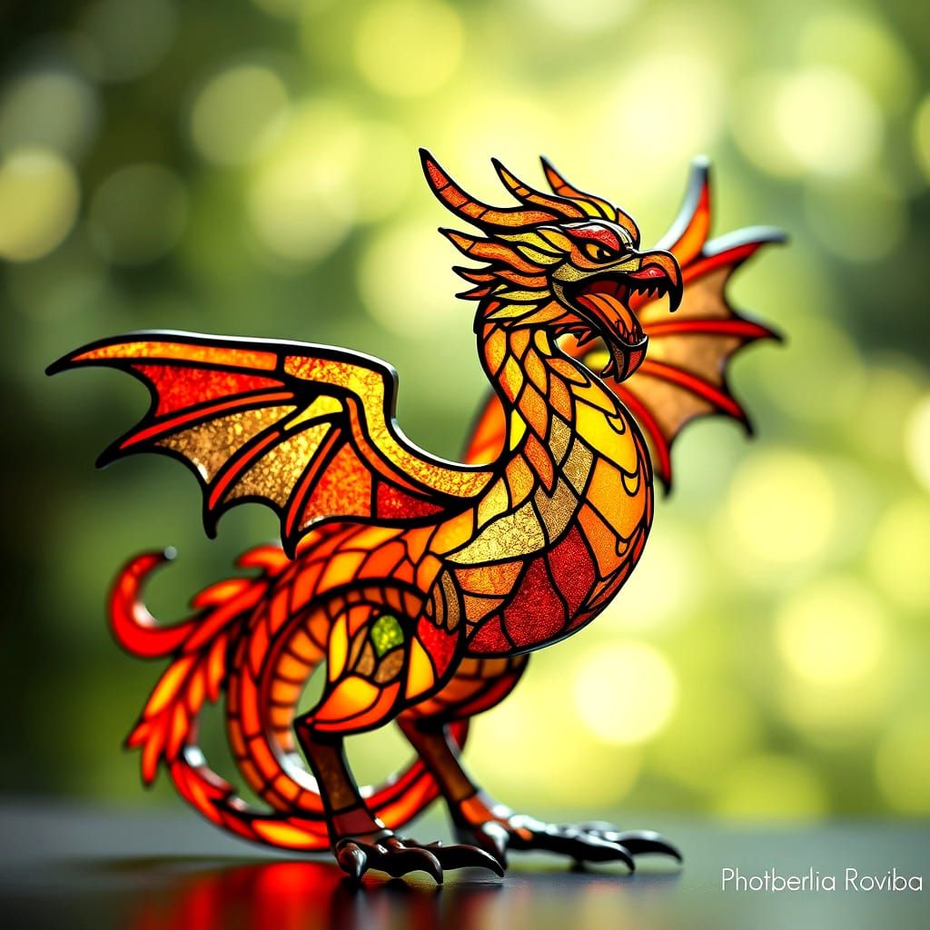 Fiery Stained Glass Dragon Phoenix in 3D
