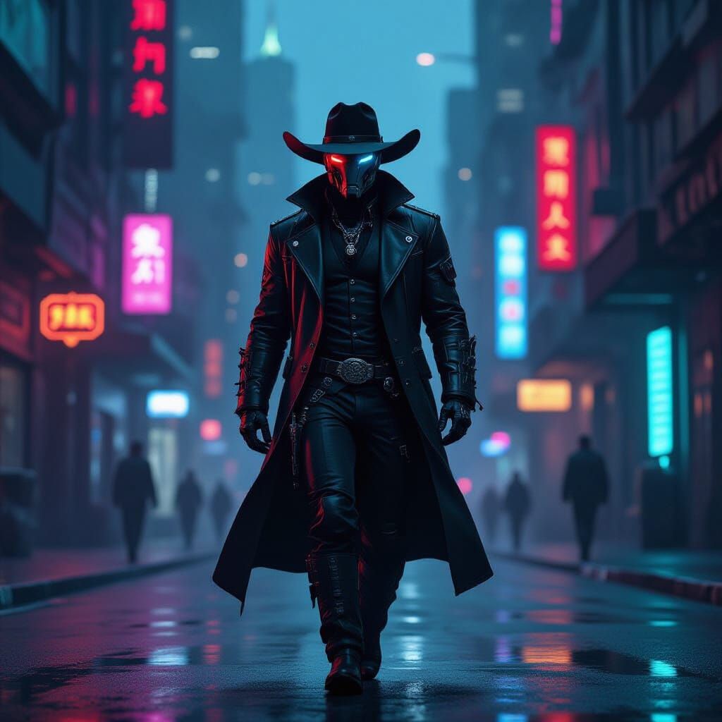 Cyborg Cowboy in Cyberpunk City at Night