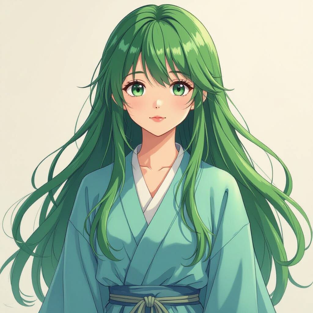 Anime Girl with Green Hair in Cyan Robe
