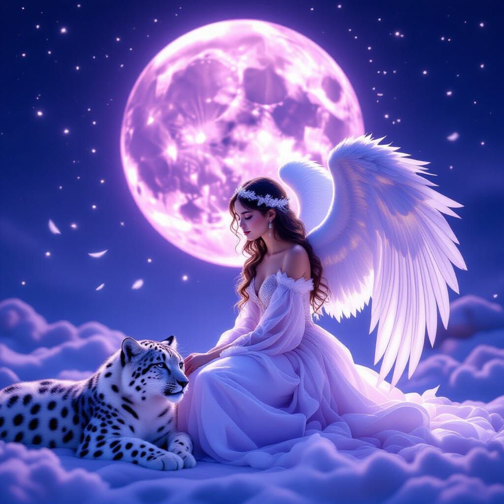 Ethereal Moonlit Night with Angelic Girl and Snow Leopard