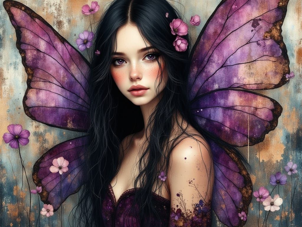 Hyperrealistic Fairy with Purple Wings in Encaustic Style