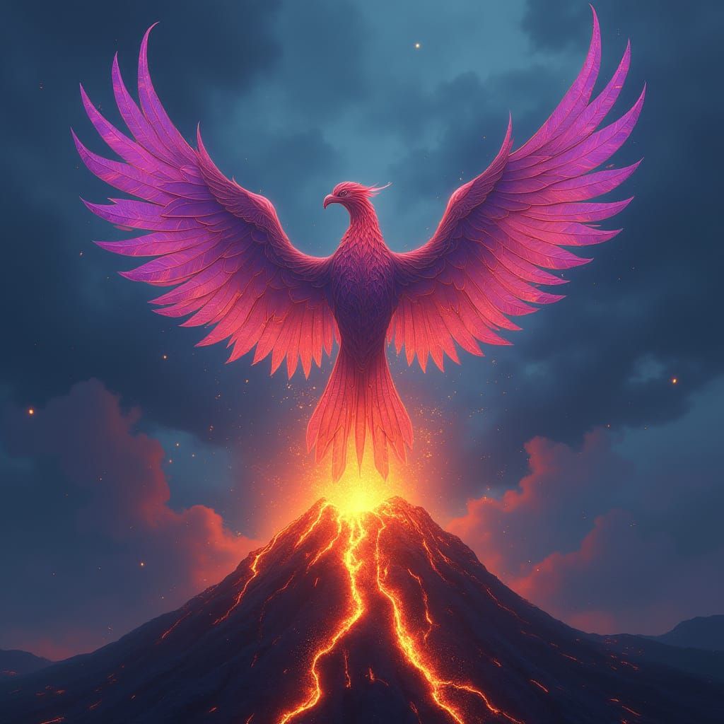 Geometric Phoenix Rising from Volcanic Flames