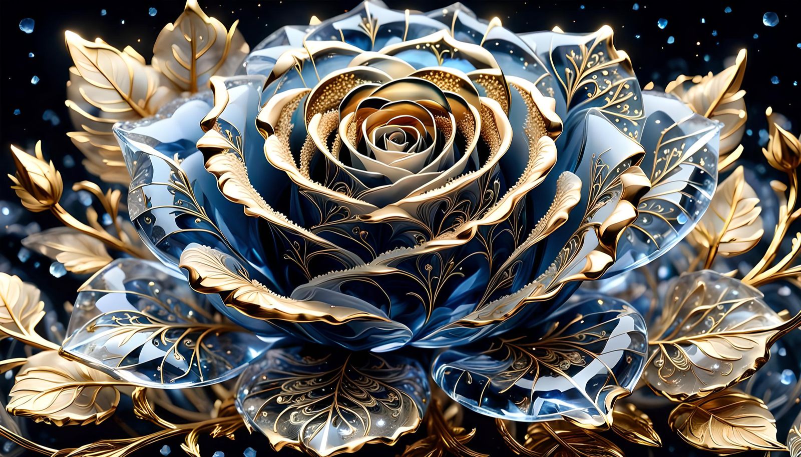Translucent Ice Rose with Gold Fractal Trim