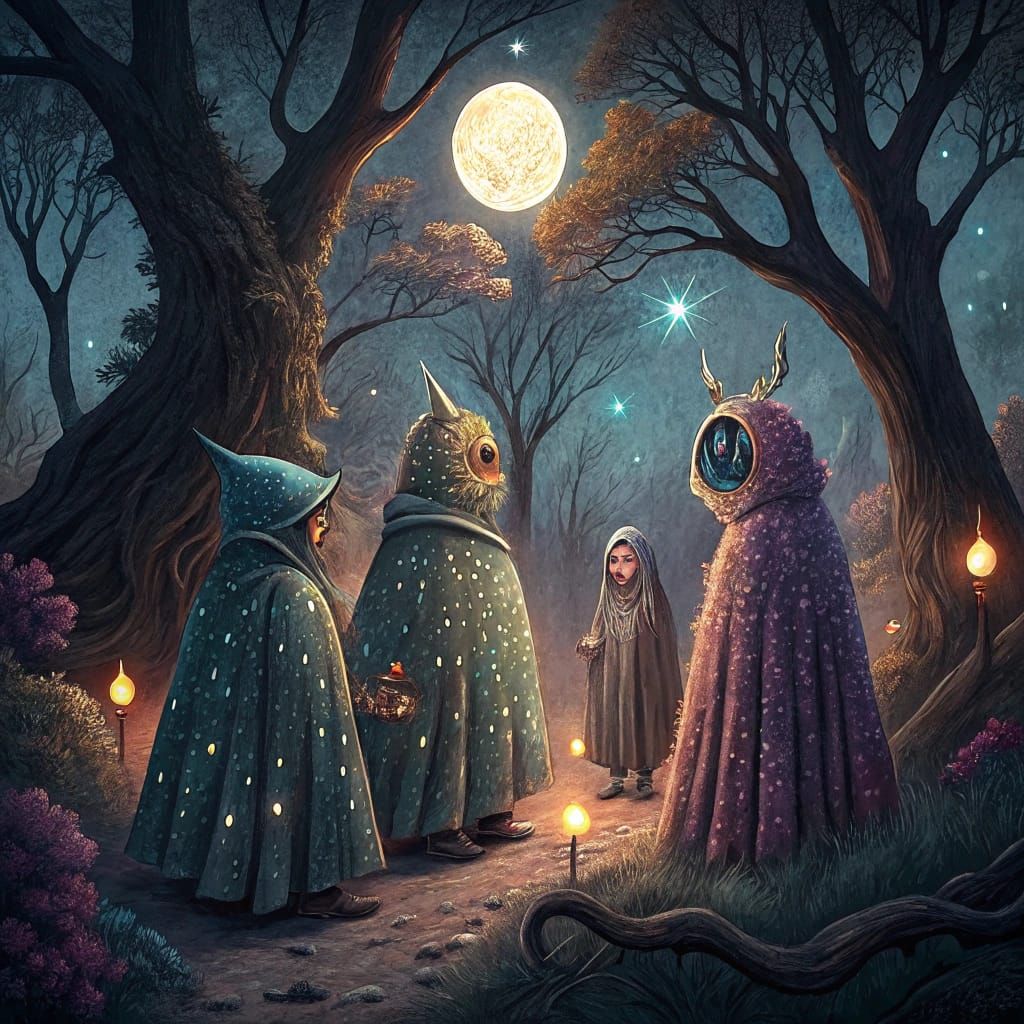 Fantasy Creatures Gather on a Moonlit Night