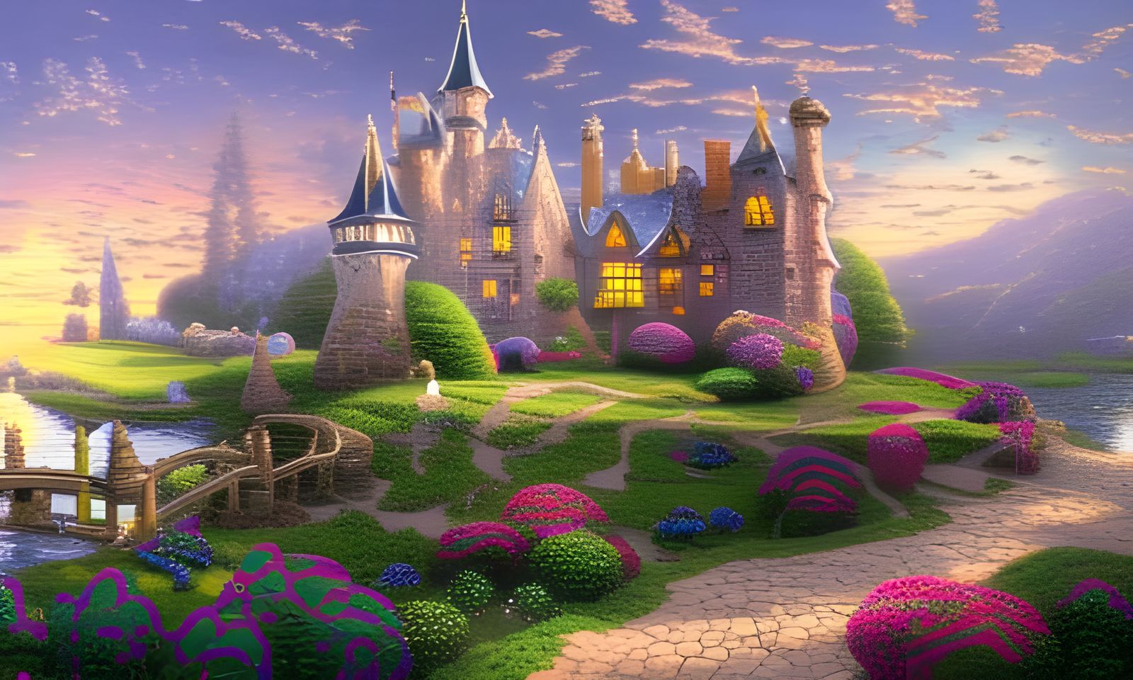 Spring Castle Landscape Inspired by Kinkade
