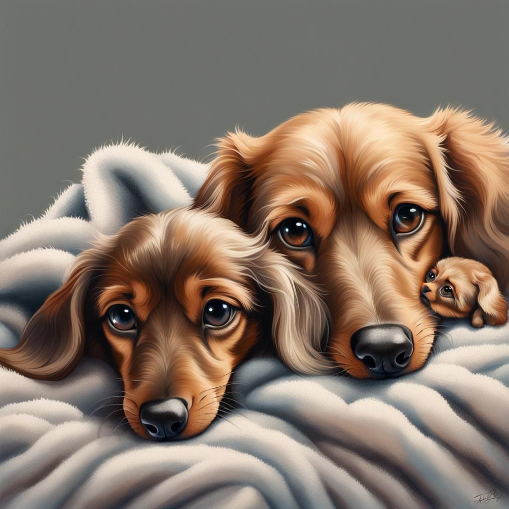 Beige Dachshund Dad and Puppy: Hyperrealistic Art