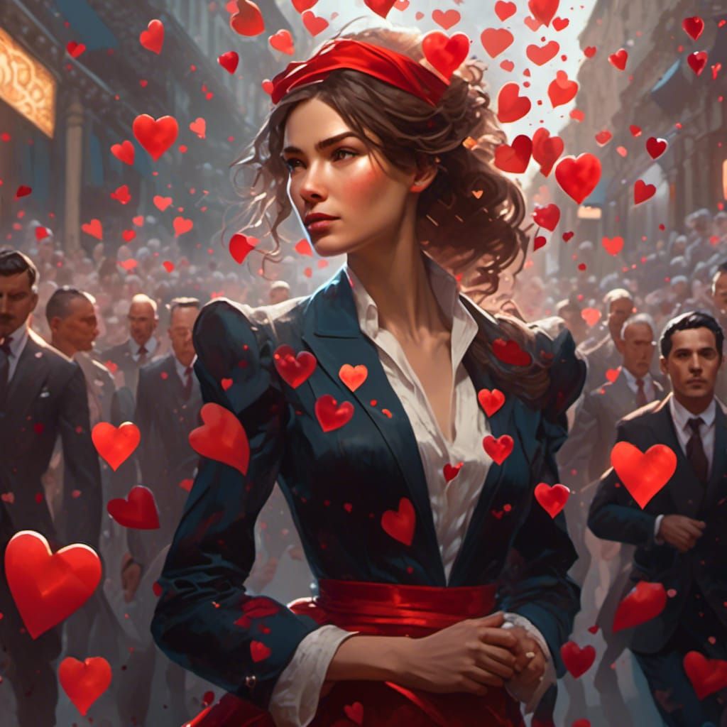 Stunning Woman with Floating Hearts in Hyperreal Portrait