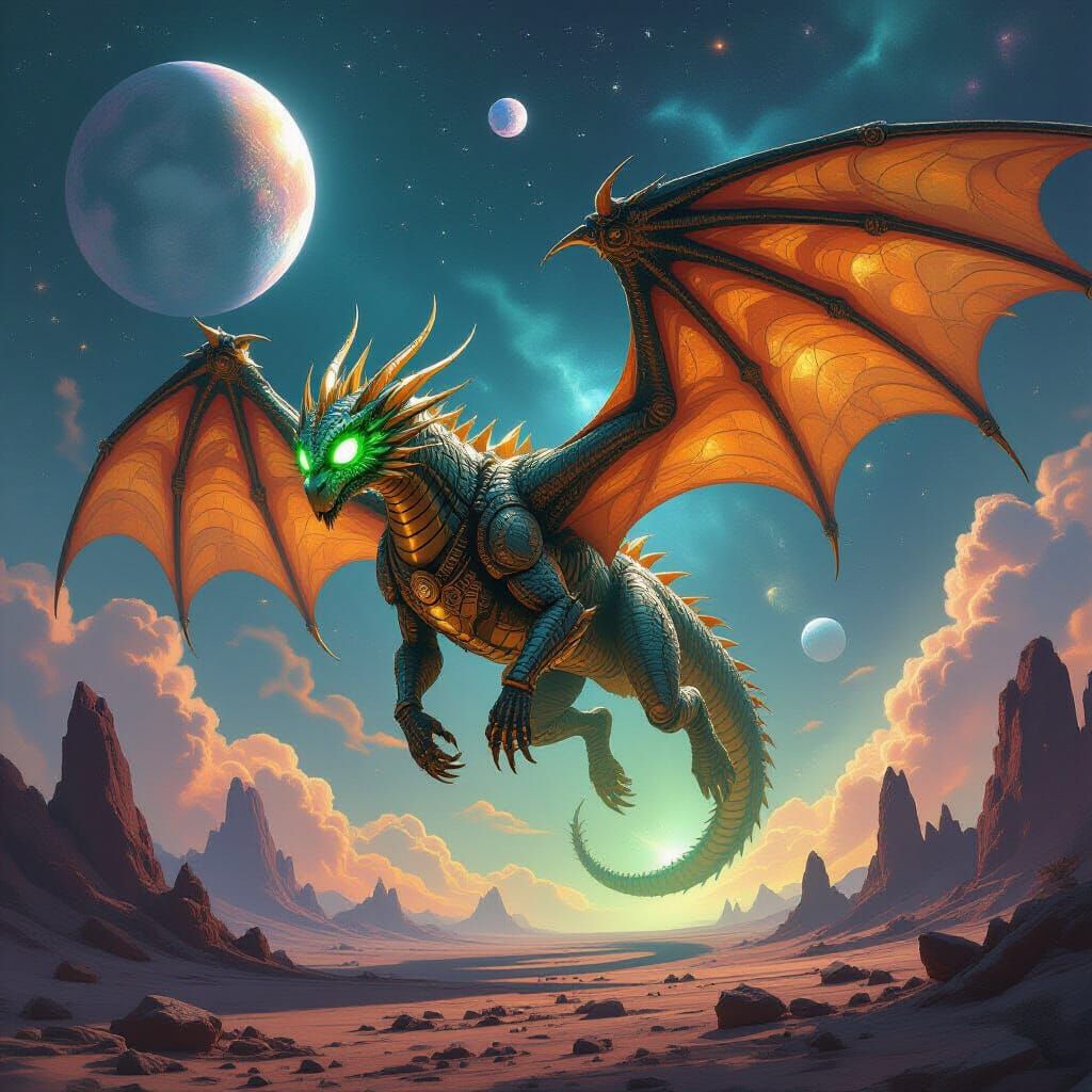 Colossal Clockwork Dragon Amidst Cosmic Nebulae