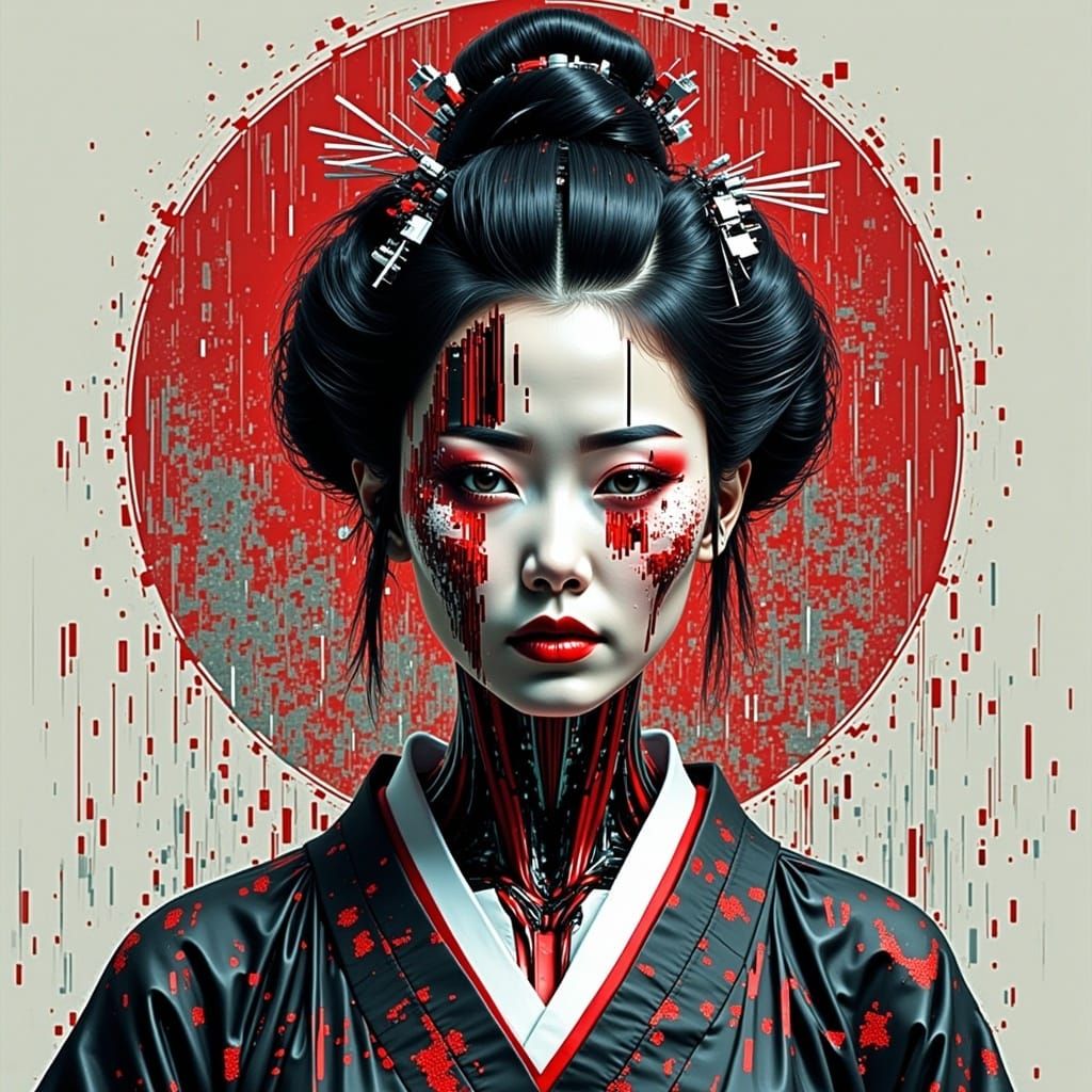 Geisha Cyborg in Pixel Glitch Art Style