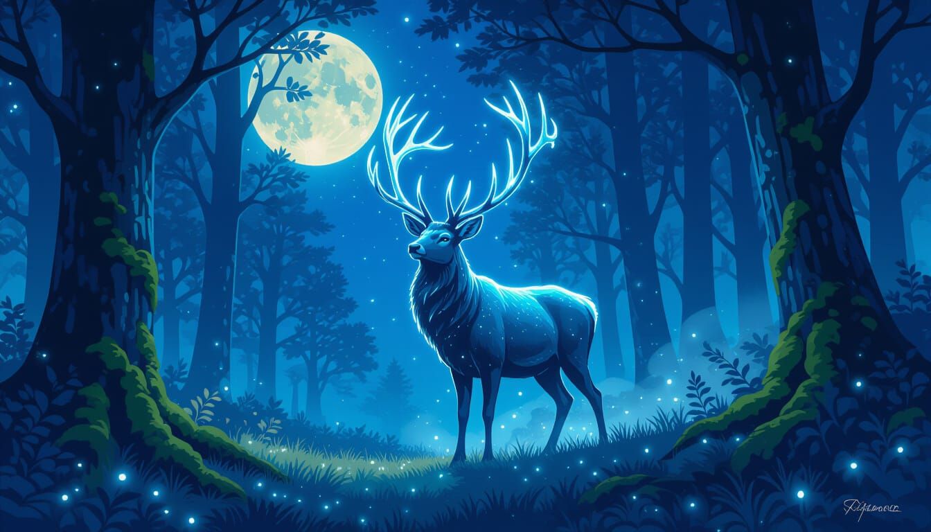 Mystical Starlight Stag in Moonlit Forest, Art Nouveau Style
