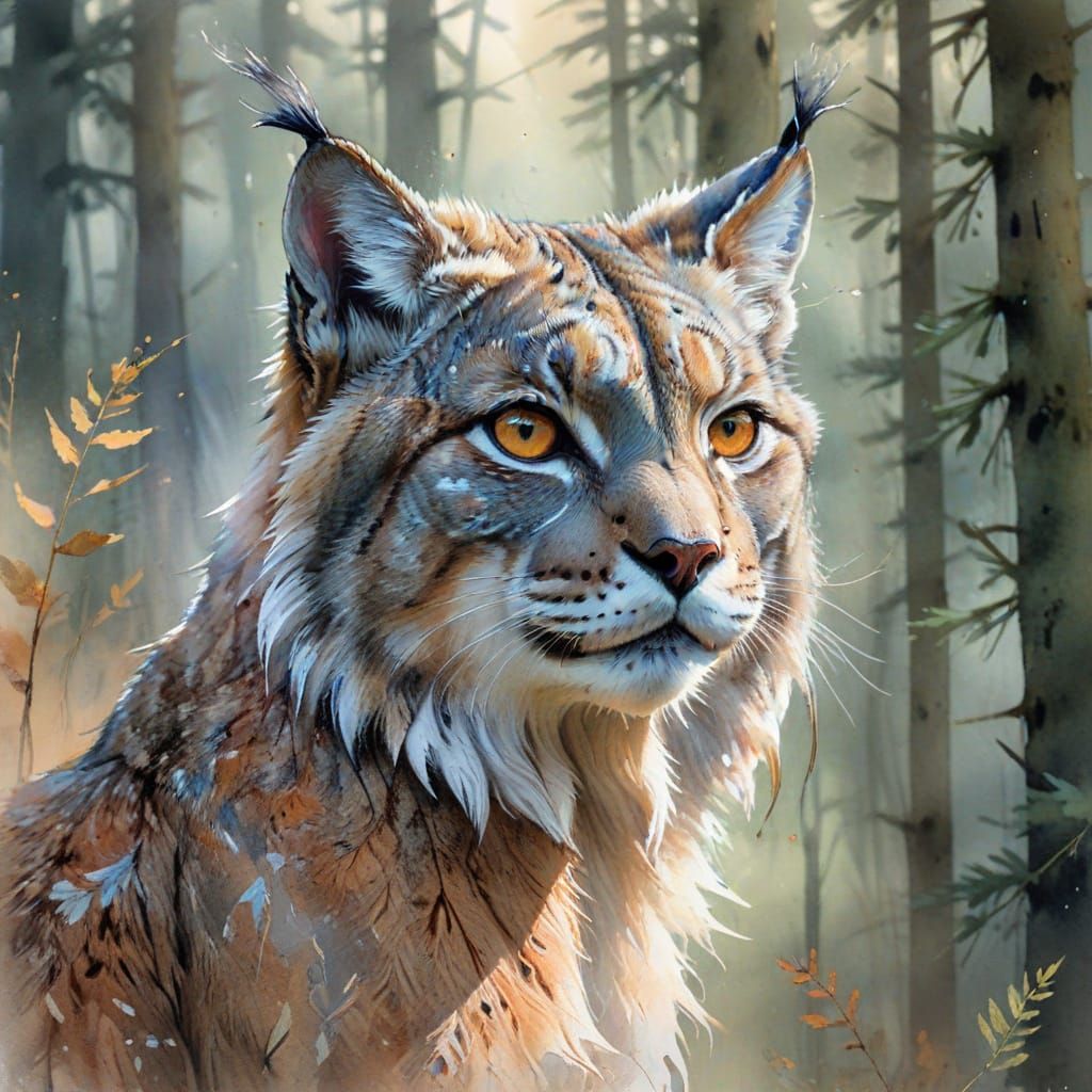 Lynx Portrait in Boreal Forest, Watercolour Art