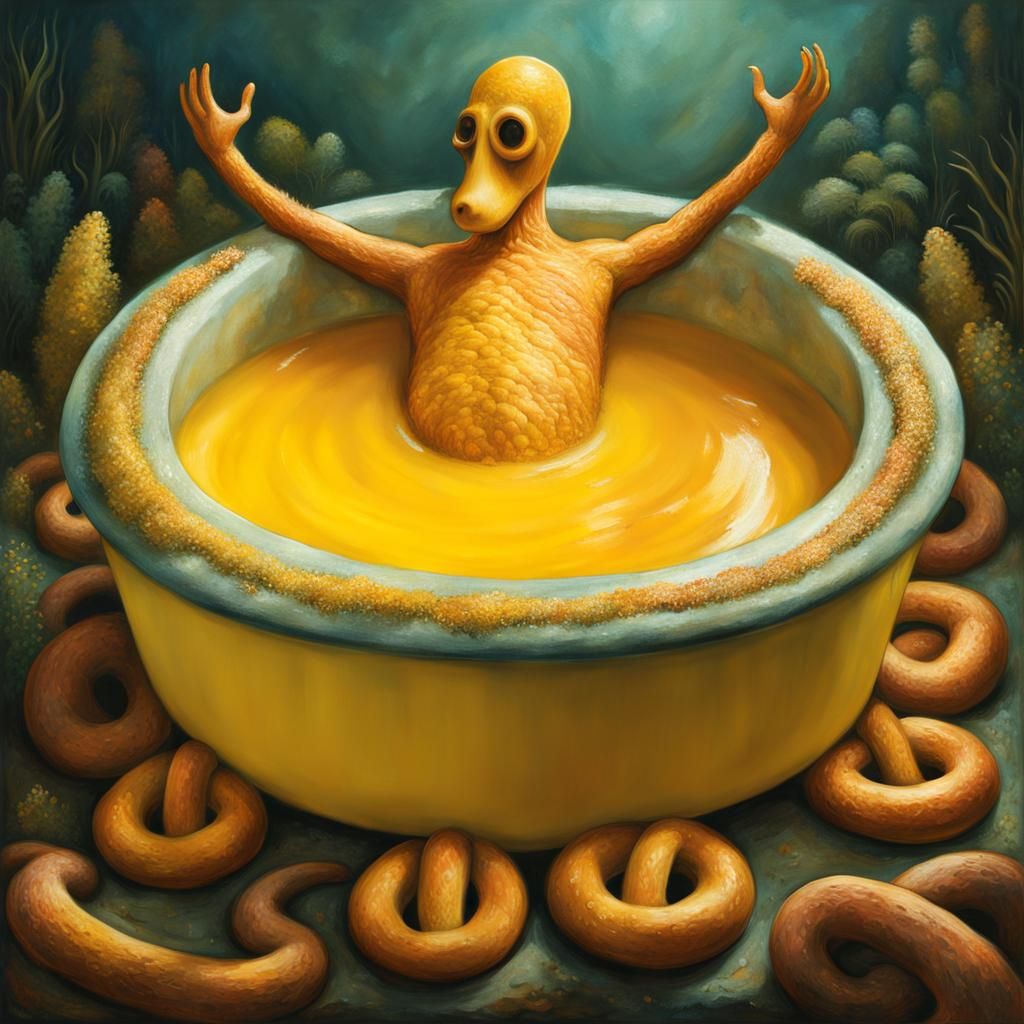 Human Pretzel Relaxing in Nacho Cheese: Digital Art