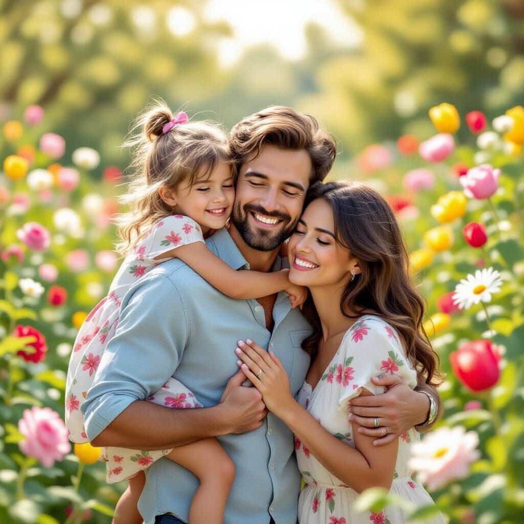 Heartwarming Family Moment in a Floral Garden, Digital Illus...