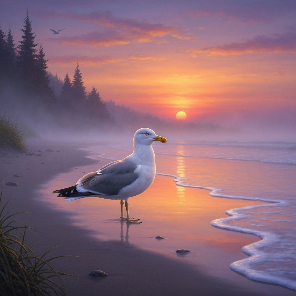 Seagull in Formal Plumage on Misty Beach