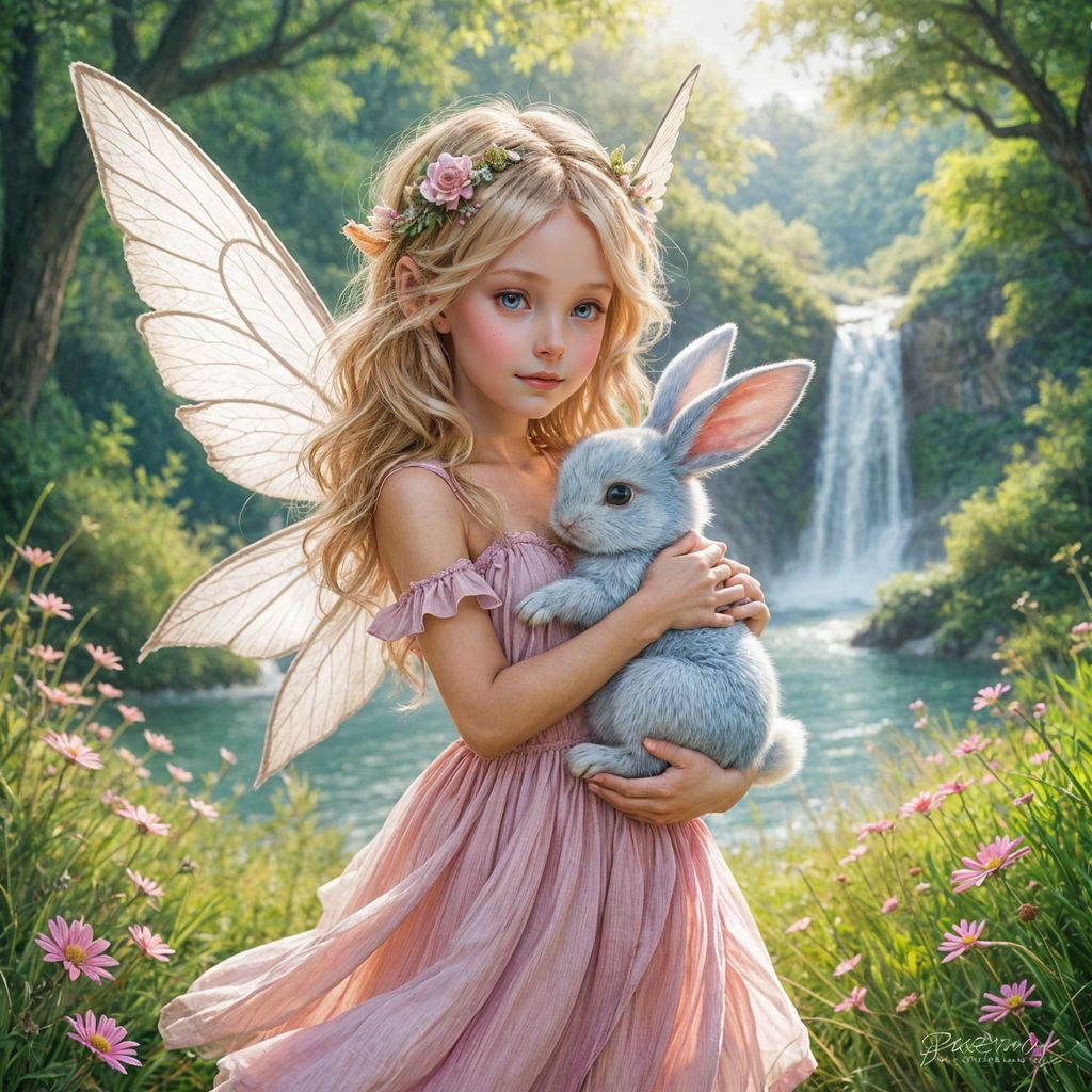 Fairy Girl with Bunny in Meadow Landscape